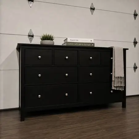 Solid Wood 8-Drawer Dresser, Black Finish w/ Silver Knobs, IKEA HEMNES