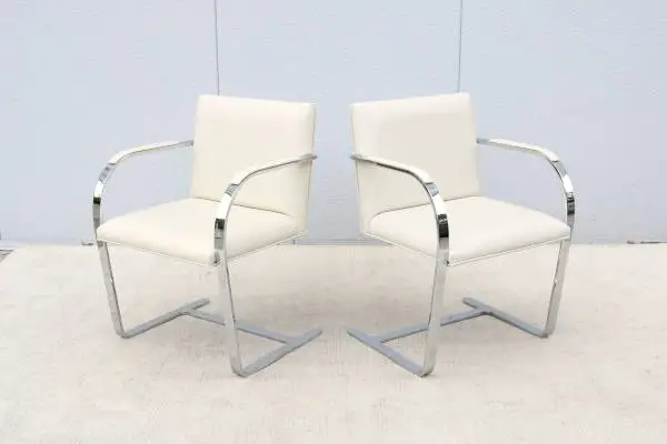 Ludwig Mies van der Rohe Brno White Leather Flat Bar Chairs by Gordon