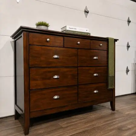 LIKE NEW 9-Drawer Solid Wood Dresser - Walnut w/ Silver Knobs
