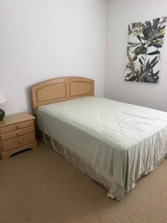 Beige Bedset with Headboard, Rails, Mirror, Dresser, and Nightstand