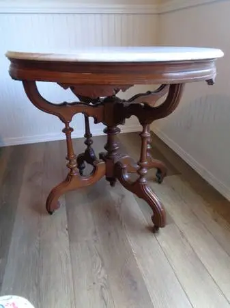 Antique Victorian Marble Oval Top Walnut Parlor Table w/ Wheels