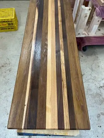 One-of-a-kind teak/walnut/hickory/alder bench