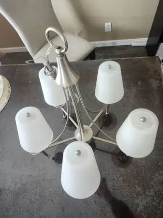 (New)__5-Light __Satin__ Nickel__ Chandelier__Opal-White_Glass Shades