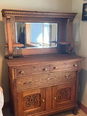 Antique Oak Buffet / Sideboard Dresser with Beveled Mirror