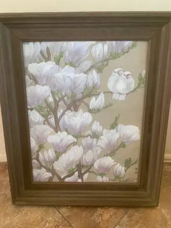 Love Birds In Magnolia Tree Original Painting On Silk Framed