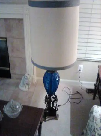 Mid-Century Italian blue ribbed glass with with 3 Brass Angels