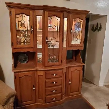 Large Oak lighted China Hutch with Etched Rose glass insurts