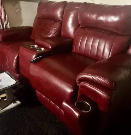Reclining Red/Burgundy Leather Console Loveseat Couch w/ SOCozi Heat, Massage