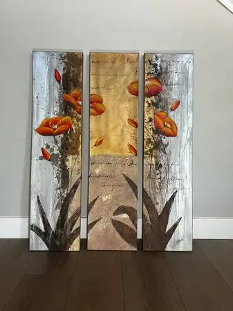 47x36- 3 Piece Textured Triptych- Beige/Grey/Brown/Orange/Yellow Poppies Canvas