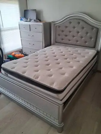 Complete Glam Bed -Silver Tufted Frame With Mattress and Box Spring
