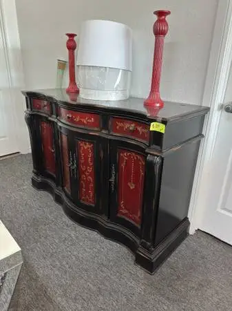 Red black and gold hand painted antique accent cabinet