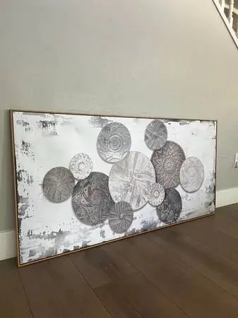 BRAND NEW 58x29 Wood Framed Taupe/Grey/White Boho Layered Plates Canvas Artwork