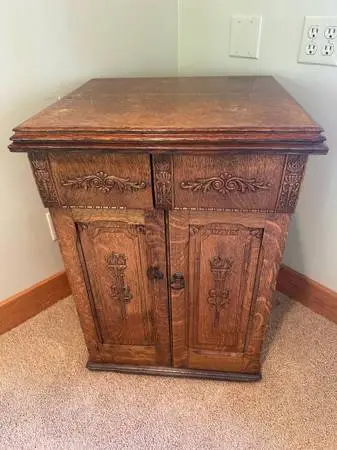 Antique Solid Wood Carved Sewing Cabinet / Storage Cabinet