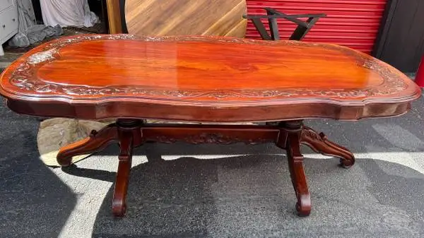 antique large dining table carved floral decor solid Cherry Oak reddish-brown L8