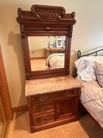 Antique Stone Top Dresser with Ornate Mirror