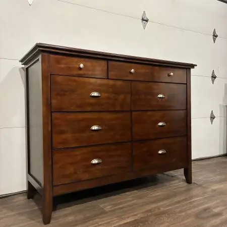 LIKE NEW 9-Drawer Solid Wood Dresser - Walnut w/ Silver Knobs