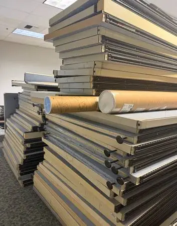 Partition walls, office tables, shelves,