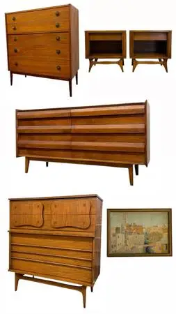 Vintage Mid Century Modern Credenza Dresser Sofa Table Rug Desk Art Painting (Bi