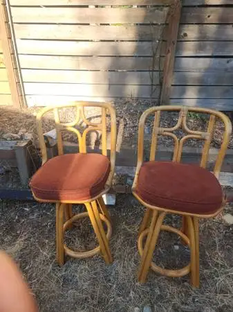 2 Vintage 70s Rattan Cane Bamboo Swivel Counter Height Stools Tiki