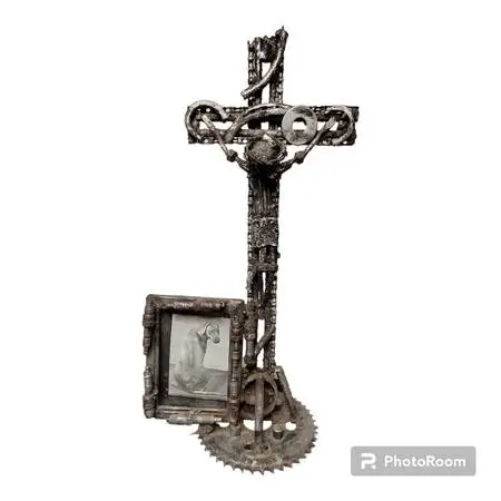 Industrial Steampunk Jesus on the Cross Sculpture With Picture Frame