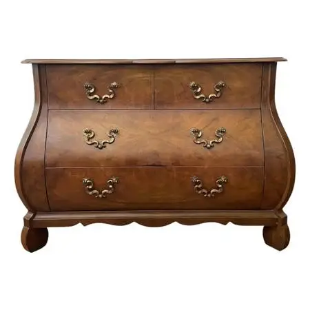 1970s Baker Furniture Collector Figured Walnut Bombe Four-Drawer Commode