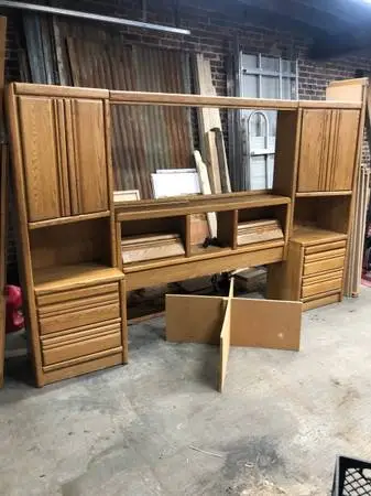 Queen size oak bed frame and cabinet