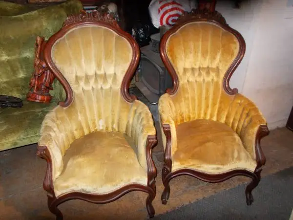 Chairs: Wing-Back, 2-Pair, Upholstered, Need: Re-Finishing, Green/