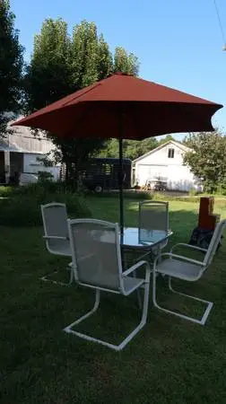 PATIO TABLE/CHAIRS AND UMBRELLA