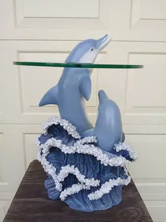 DOUBLE DOLPHIN GLASS TOP END TABLE or ACCENT TABLE