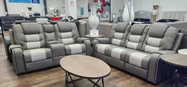 Manual Reclining Grey on Grey Sofa and Loveseat with Diamond Stitching