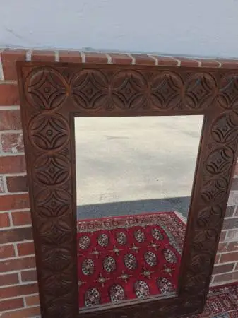 Vintage Pier One Hand Carved Wood Tanjong Circles Design Mirror.