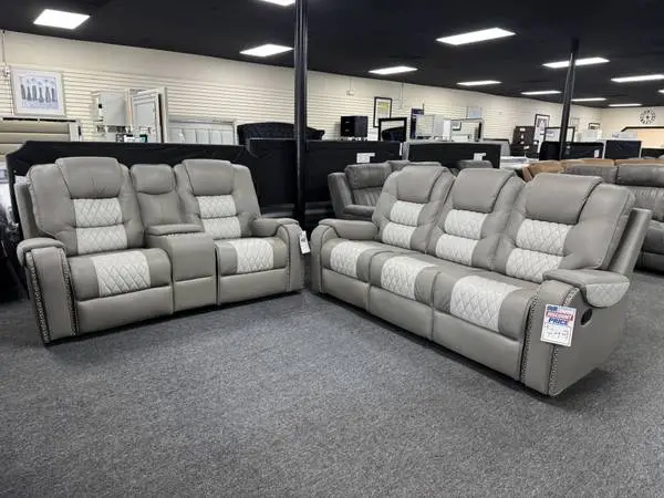 Manual Reclining Two Toned Sofa and Loveseat with Diamond Stitching Re
