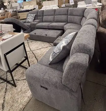 Beautiful Grey Fabric Sectional With Pull Out Bed, Power Recliners, Cu