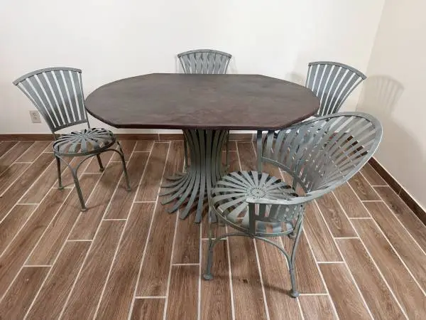Custom Vintage Sculptural Copper Dining Table with Four Steel Chairs