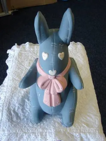 Ceramic Bunny Cookie Jar 15” Tall Blue & Pink