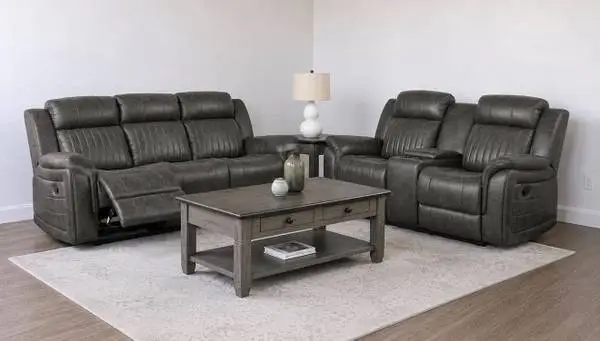 Grey Manual Polished Microfiber Sofa And Loveseat