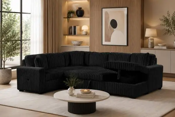 Corduroy Sleeper Sectionals, With Pull Out Bed, Storage Chaise and Pho