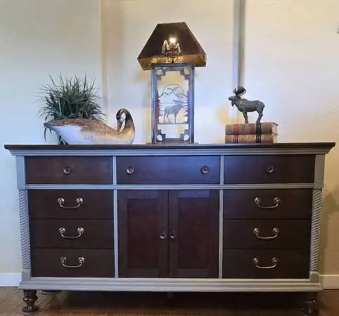 Grayish Tan Long Dresser  w/ Dark Stained Top and Drawers Entertainment Stand or