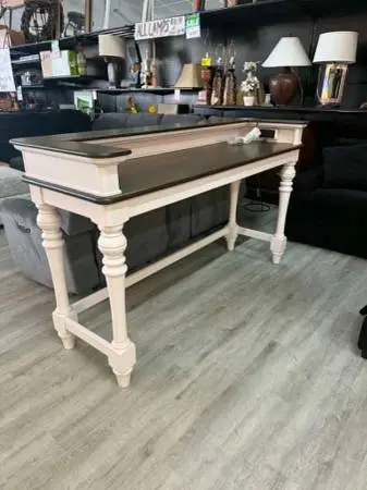 Light Gray Oak and Distressed White Bar Console Table with Power Strip