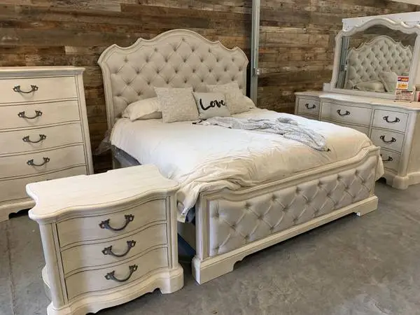 Queen Upholstered Bed, Dresser Mirror and Chest