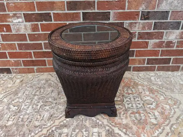 Chinese Hand Woven Storage Basket with Lid Glass Insert in Lid.