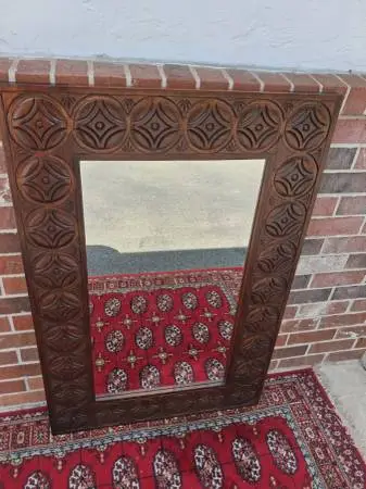 Vintage Pier One Hand Carved Wood Tanjong Circles Design Mirror.