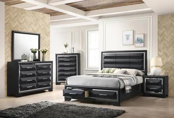 King Bed With Storage Drawers, Dresser, Mirror, and Nightstand