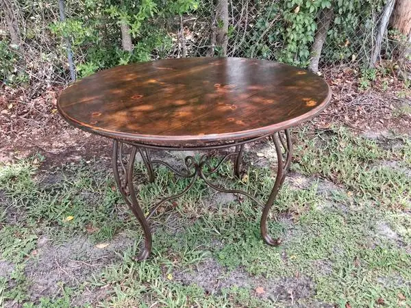 Vintage 48 Round Table with Solid Pine Top and Decorative Metal Base