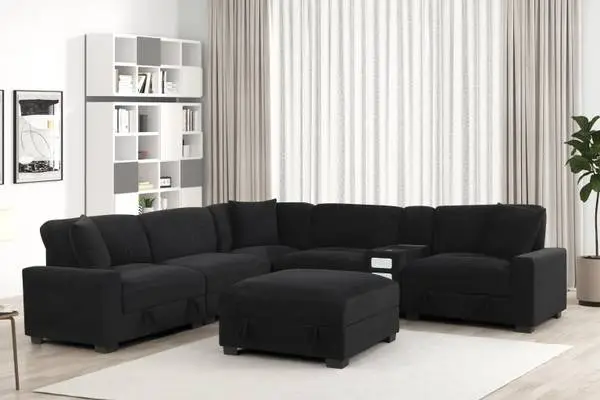 Black Sectional with Lift-Up Storage, Console, Bluetooth Speaker, Stor