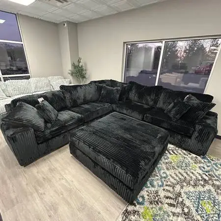 Super Soft Corduroy Large Black Sectional with Ottoman