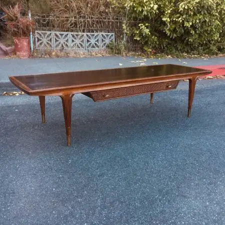 Very MCM c1960 walnut Imperial Coffee Table w Drawer/brass feet
