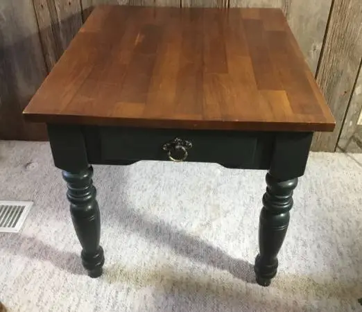 Two-Tone Wood End Table with Drawer~Dark Green & Butcher Block Style