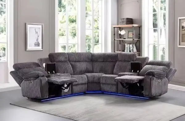 Grey Corduroy Power Reclining Sectional with Changing LED Lights