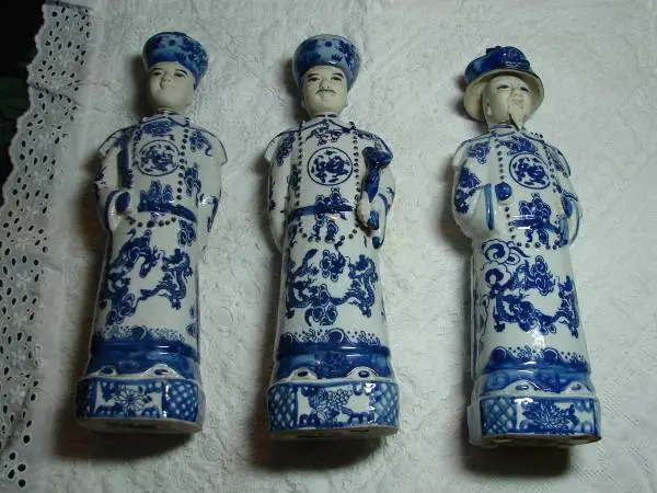 Three Antique Blue & White Porcelain Chinese Figure Statues